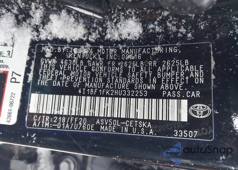 2017 Toyota Camry Se из США, поврежденный, VIN 4T1BF1FK2HU332253